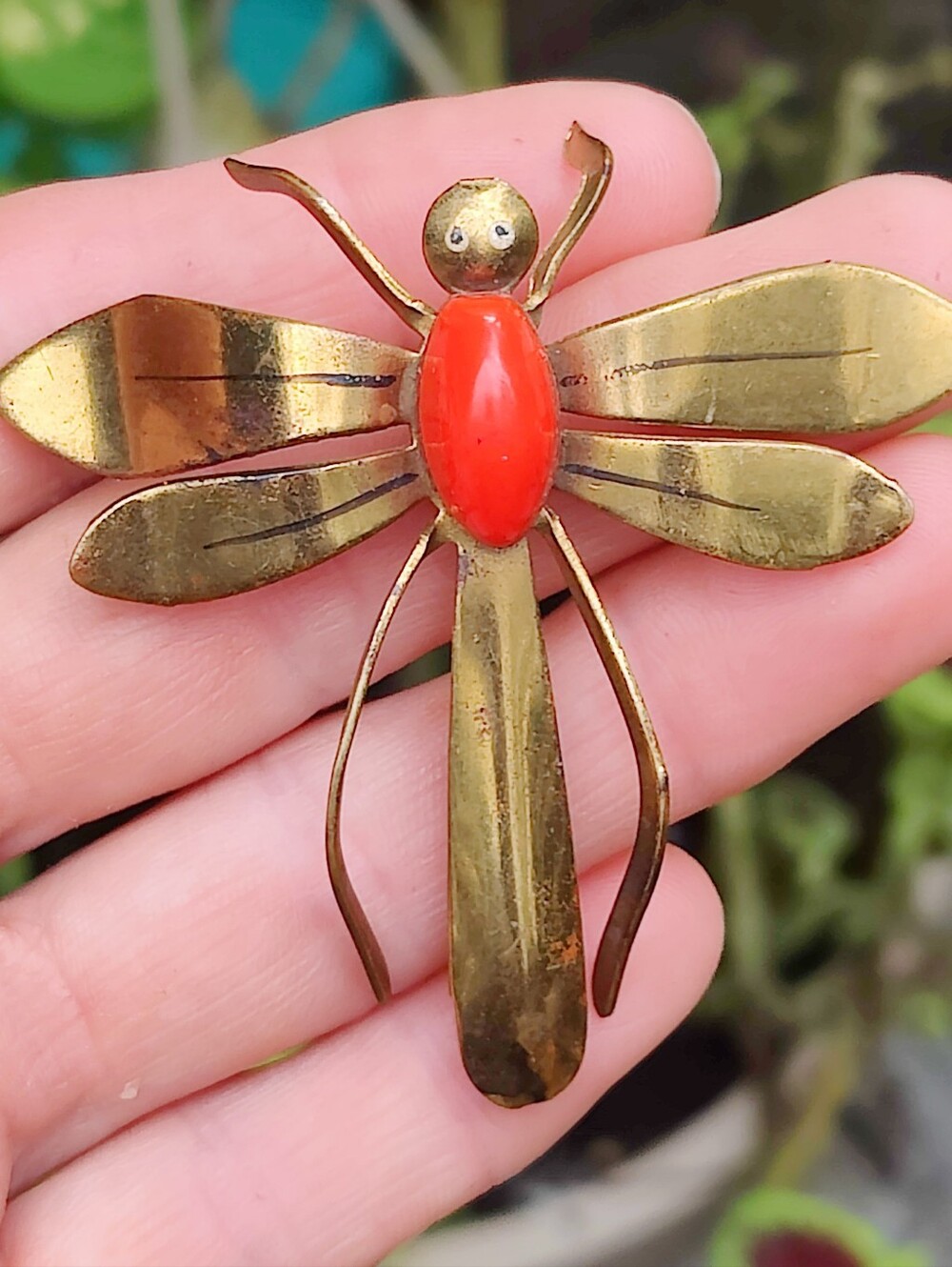 Vintage Art Deco 1930s Brass Jellybelly Glass Dragonfly Brooch - Picture 2 of 6